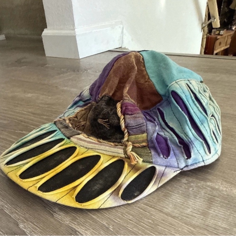 Tie Dye Razor Cut Patch Distressed Military Cadet Engineer Hat From Nepal hippie